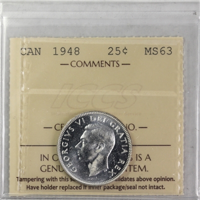 1948 Canada 25-cents ICCS Certified MS-63 (XWJ 836)