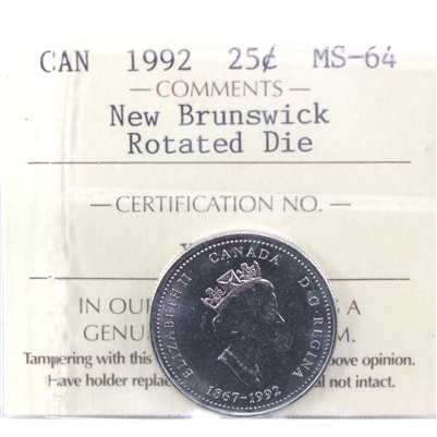 1992 90 Degree Rotated Die New Brunswick Canada 25-cents ICCS MS-64 (XZZ 188)