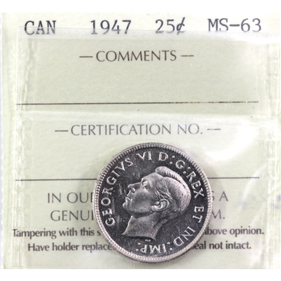 1947 Canada 25-cents ICCS Certified MS-63 (XPW 912)