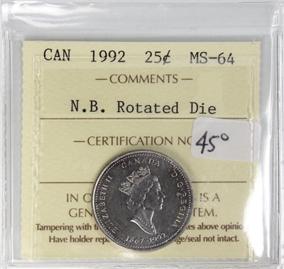 1992 45 Degree Rotated Die New Brunswick Canada 25-cents ICCS MS-64 (XWQ 761)
