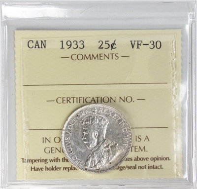 1933 Canada 25-cents ICCS Certified VF-30