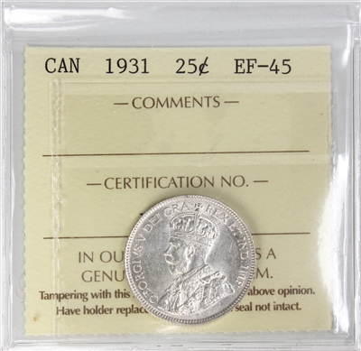 1931 Canada 25-cents ICCS Certified EF-45