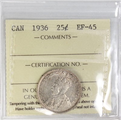 1936 Canada 25-cents ICCS Certified EF-45