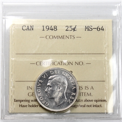 1948 Canada 25-cents ICCS Certified MS-64 (XZZ 572)