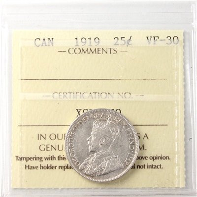 1919 Canada 25-cents ICCS Certified VF-30