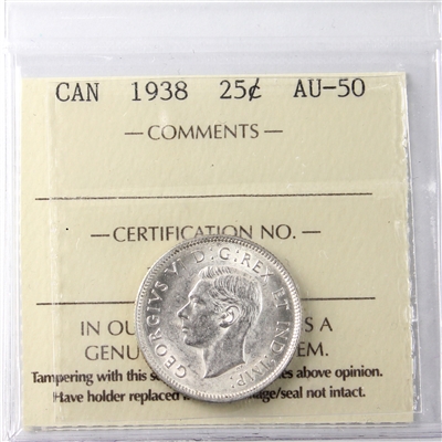 1938 Canada 25-cents ICCS Certified AU-50