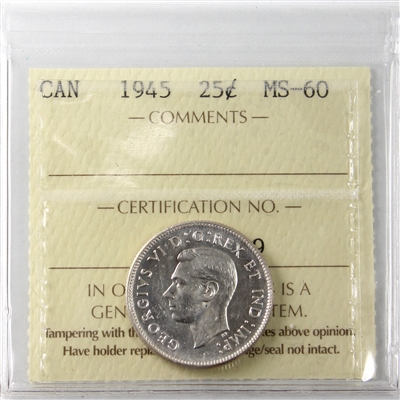 1945 Canada 25-cents ICCS Certified MS-60 (XOP 389)