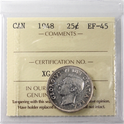 1948 Canada 25-cents ICCS Certified EF-45