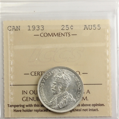 1933 Canada 25-cents ICCS Certified AU-55