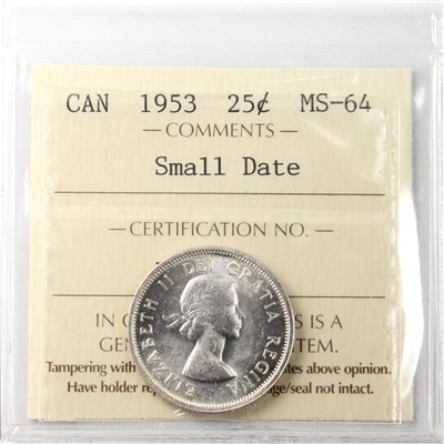 1953 Small Date Canada 25-cents ICCS Certified MS-64