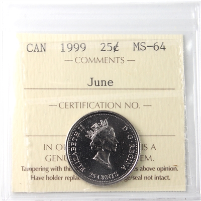 1999 June Canada 25-cents ICCS Certified MS-64