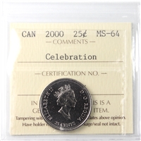2000 Celebration Canada 25-cents ICCS Certified MS-64