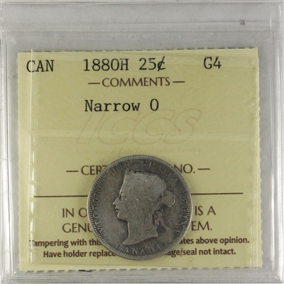 1880H Narrow 0 Canada 25-cents ICCS Certified G-4