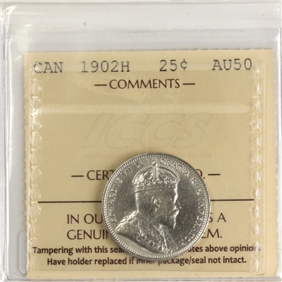 1902H Canada 25-cents ICCS Certified AU-50
