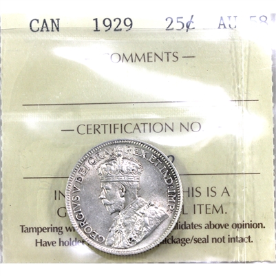 1929 Canada 25-cents ICCS Certified AU-58