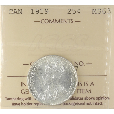 1919 Canada 25-cents ICCS Certified MS-63 (XVV 267)