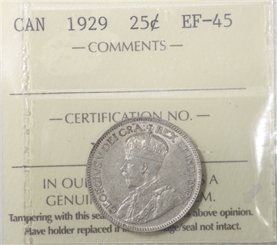 1929 Canada 25-cents ICCS Certified EF-45