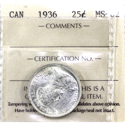 1936 Canada 25-cents ICCS Certified MS-62 (WU 793)