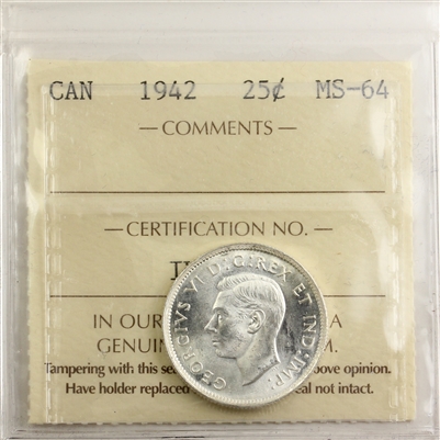 1942 Canada 25-cents ICCS Certified MS-64 (IU 259)