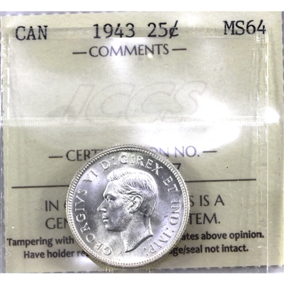 1943 Canada 25-cents ICCS Certified MS-64 (XTQ 447)