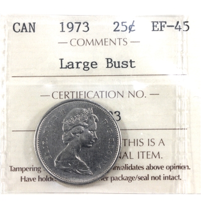 1973 Large Bust Canada 25-cents ICCS Certified EF-45