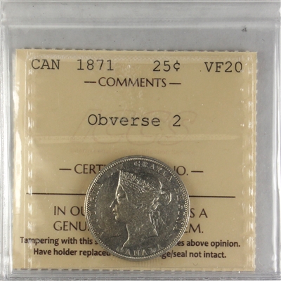 1871 Obv. 2 Canada 25-cents ICCS Certified VF-20 (XEZ 820)