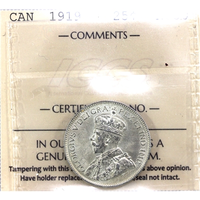 1919 Canada 25-cents ICCS Certified AU-50