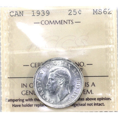 1939 Canada 25-cents ICCS Certified MS-62 (XEZ 837)