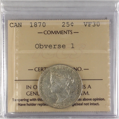 1870 Obv. 1 Canada 25-cents ICCS Certified VF-30 (XXP 517)