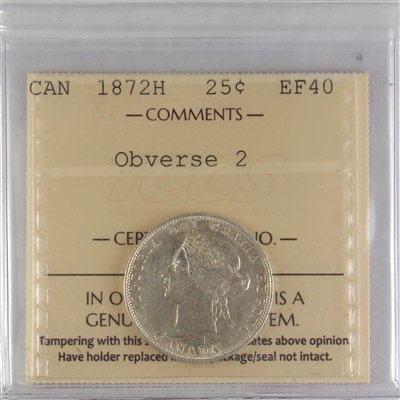 1872H Obv. 2 Canada 25-cents ICCS Certified EF-40