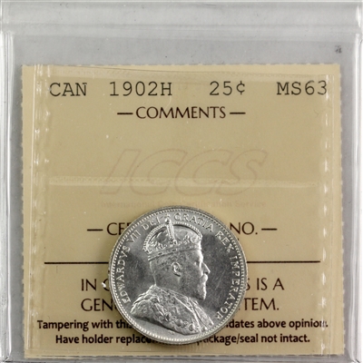 1902H Canada 25-cents ICCS Certified MS-63 (XDM 187)