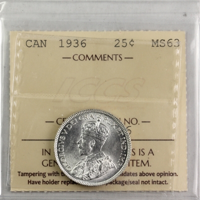 1936 Canada 25-cents ICCS Certified MS-63 (XDM 206)