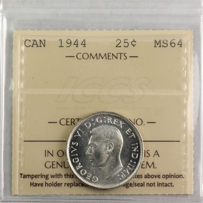 1944 Canada 25-cents ICCS Certified MS-64 (XWJ 824)
