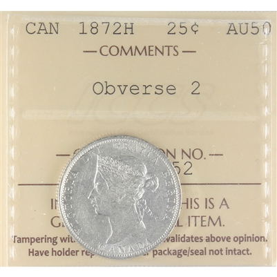 1872H Obv. 2 Canada 25-cents ICCS Certified AU-50