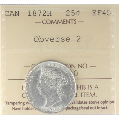 1872H Obv. 2 Canada 25-cents ICCS Certified EF-45