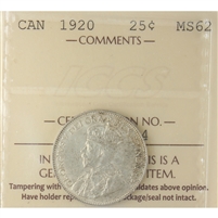 1920 Canada 25-cents ICCS Certified MS-62 (XZD 174)
