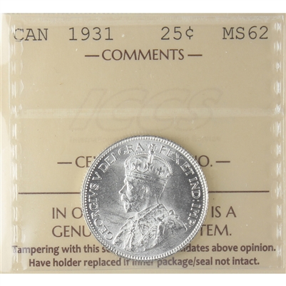 1931 Canada 25-cents ICCS Certified MS-62 (XZD 178)