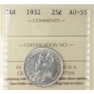 1932 Canada 25-cents ICCS Certified AU-55