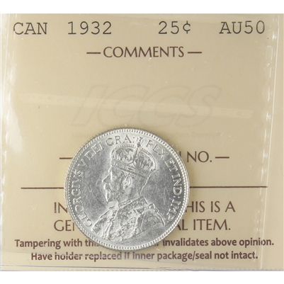 1932 Canada 25-cents ICCS Certified AU-50