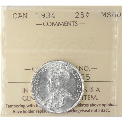 1934 Canada 25-cents ICCS Certified MS-60 (XZD 195)