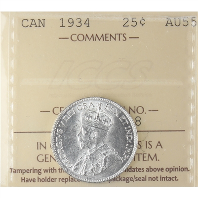 1934 Canada 25-cents ICCS Certified AU-55