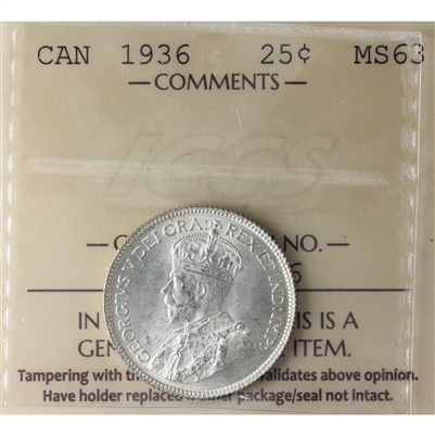 1936 Canada 25-cents ICCS Certified MS-63 (XZD 206)
