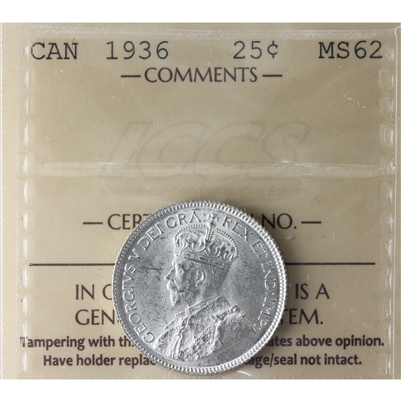 1936 Canada 25-cents ICCS Certified MS-62 (XZD 205)