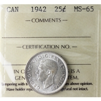 1942 Canada 25-cents ICCS Certified MS-65 (XVI 065)