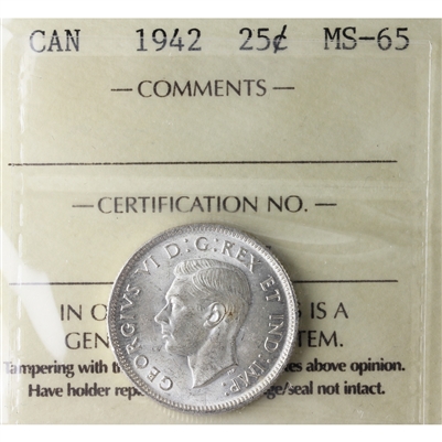 1942 Canada 25-cents ICCS Certified MS-65 (XVI 065)