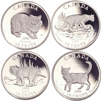 1999 50-cent Cats of Canada Sterling Silver 4-coin Set (Outer Sleeve Worn)