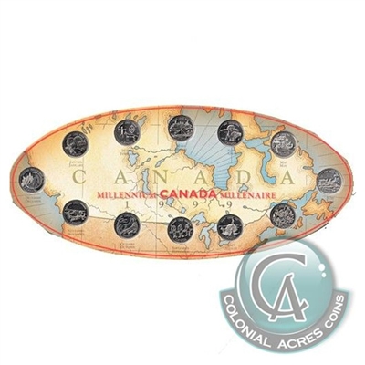 1999 Canada Millennium 12-coin 25-cent Set in Map of Canada Board