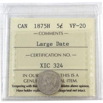 1875H Large Date Canada 5-cents ICCS Certified VF-20