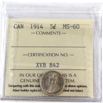 1914 Canada 5-cents ICCS Certified MS-60 (XVB 842)