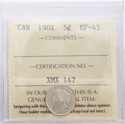 1901 Canada 5-cents ICCS Certified EF-45